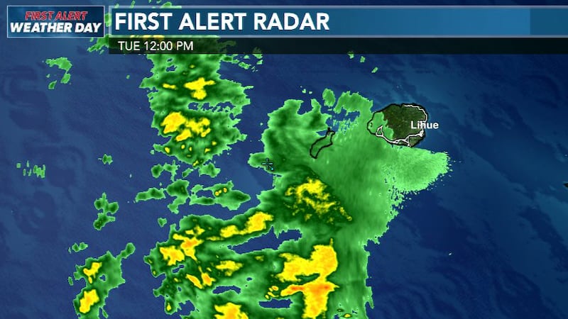 Outer bands of showers associated with Hurricane Nolo are starting to some on-shore on Kauai...