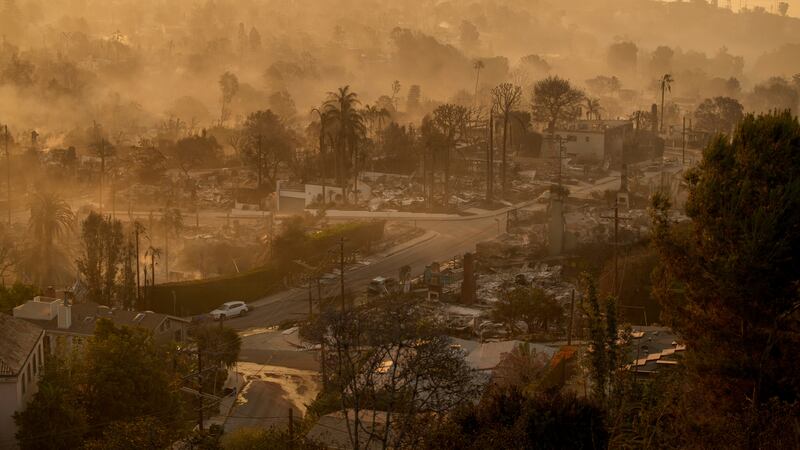 The devastation of the Palisades Fire is seen in the early morning in the Pacific Palisades...