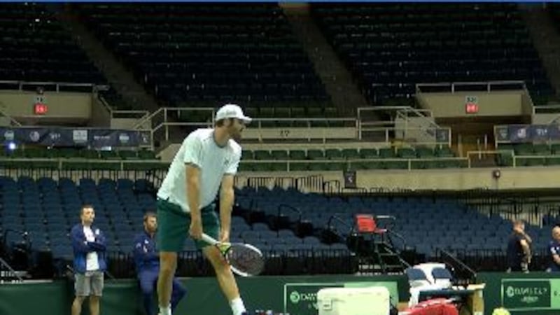Reilly Opelka finishes his last practice ahead of Davis Cup taking place at the Blaisdell...
