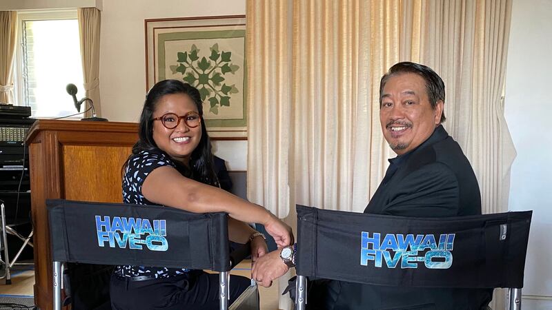 Kimee and Roy Balmilero share a moment on the set of Hawaii Five-0.
