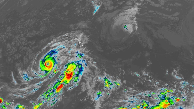 Satellite image of Hurricane Lowell and Tropical Storm Karina.
