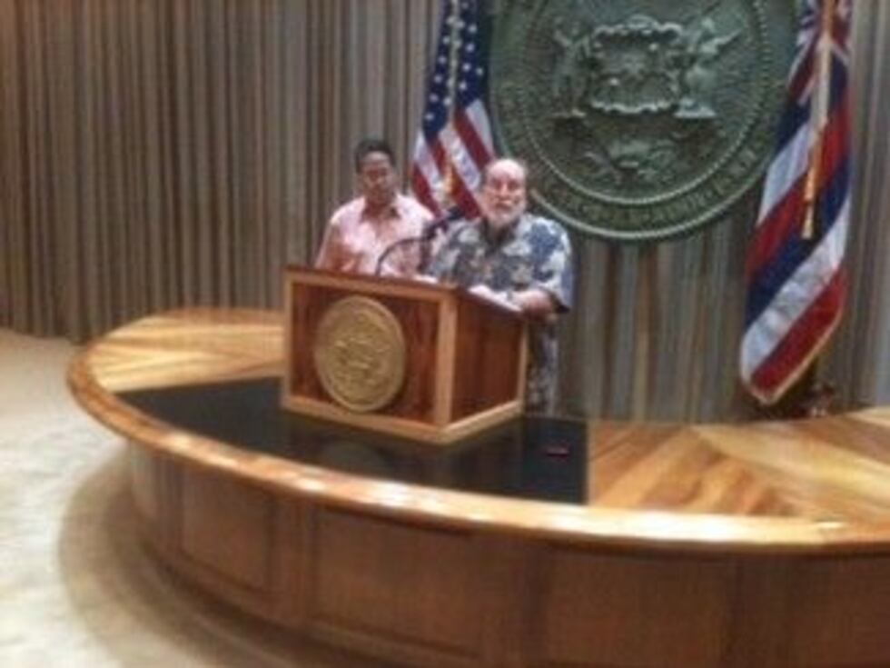 Gov. Neil Abercrombie and state homelessness coordinator Marc Alexander. (Source: Jim Mendoza)