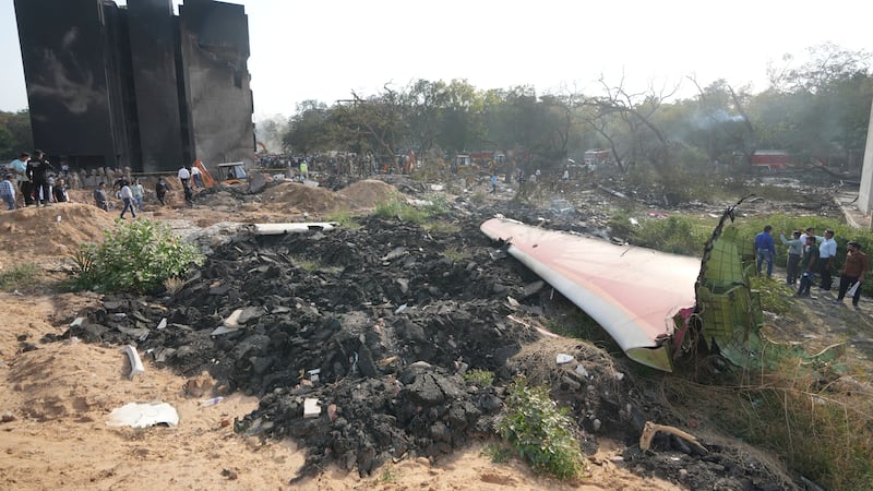 The debris of an airplane lie scattered after it crashed in India's northwestern city of...