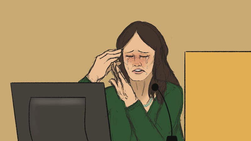 Ashley Wong under cross-examination asks for a "time out" while overcome with emotion.