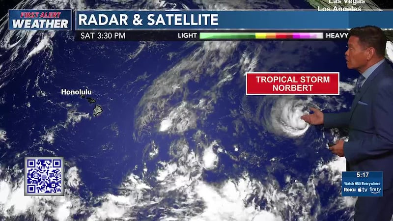 Mostly dry trade wind weather prevails as Tropical Storm Norbert weakens to the east.