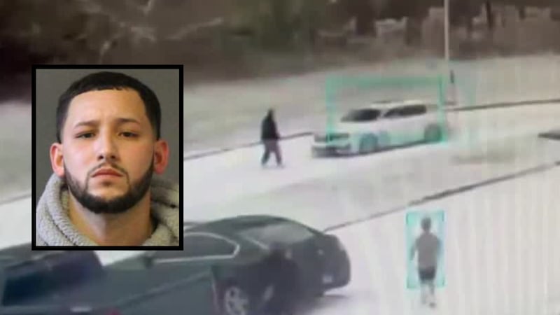 Surveillance video captured Bryan Baez-Rivera hitting a parent with his car, causing the...