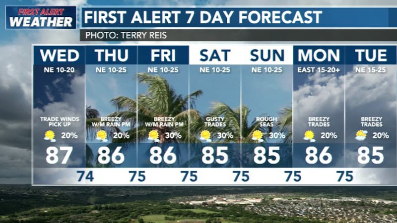 Trades will build as the work week progresses and be breezy by the weekend