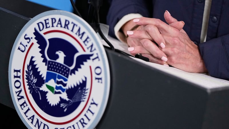 Homeland Security Secretary Kristi Noem speaks during a news conference at Federal Emergency...