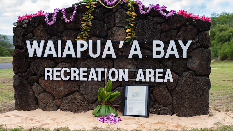 File photo of the sign at Waiapua‘a Bay at Pacific Missile Range Facility, Barking Sands