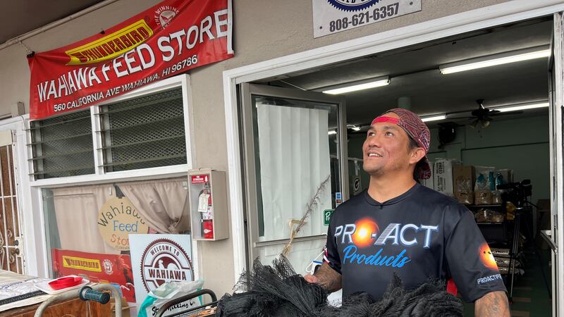 Nate Kamahele distributes netting at the Wahiawa Feed Store to help bird owners protect...