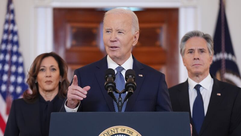 President Joe Biden, center, with Vice President Kamala Harris, left, and Sec. of State...