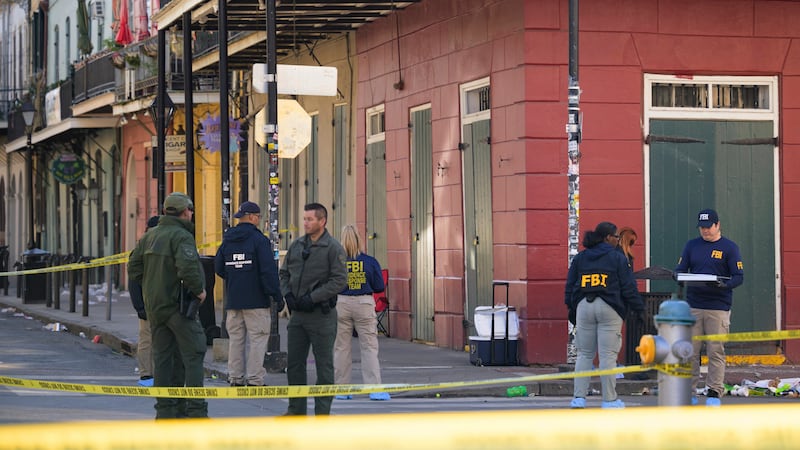 The FBI investigates the area on Orleans St and Bourbon Street by St. Louis Cathedral in the...