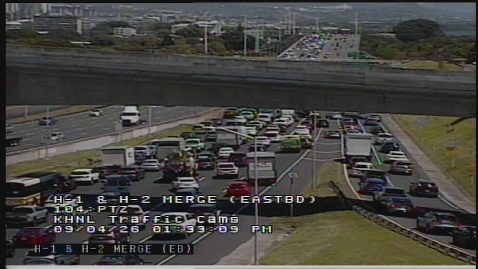 Eastbound traffic is heavy at the H-1, H-2 merge