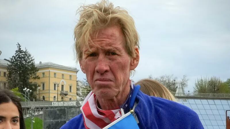 Ryan Wesley Routh takes part in a rally in central Kyiv, Ukraine, Saturday, April 30, 2022....