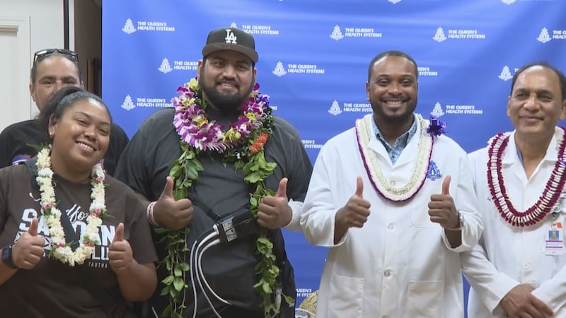 Heart patient Brandon Atumata, 34, of ʻEwa Beach, was discharged Monday from The Queen’s...