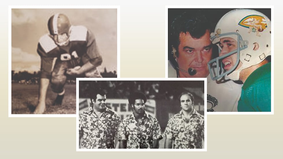 Larry Price is shown during his time with University of Hawaii football — first as a player...