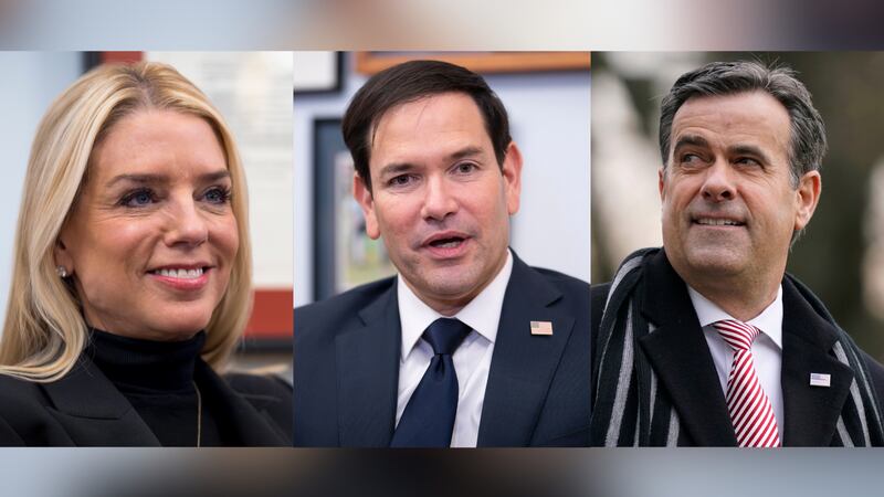 FILE: Pam Bondi (left), Sen. Marco Rubio (center), and John Ratcliffe (right) are pictured in...