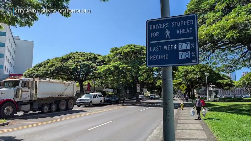 DTS has posted signs that show how often passing drivers stop for pedestrians at eight...