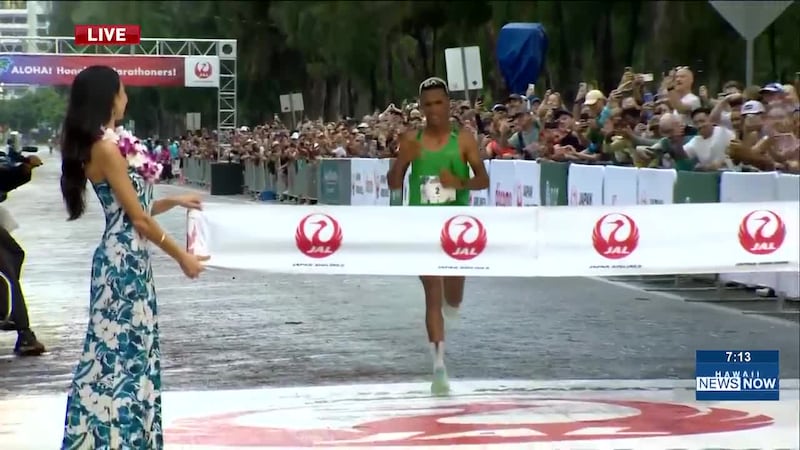 Tsegay Weldibanos from Eritrea came in first place in the elite men’s division with a time of...